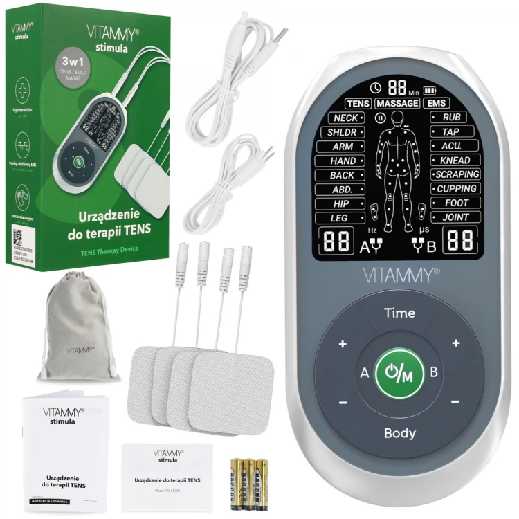VITAMMY STIMULA Elektrostymulator mięśni, terapia TENS EMS i masaż 3 w 1, 4 elektrody